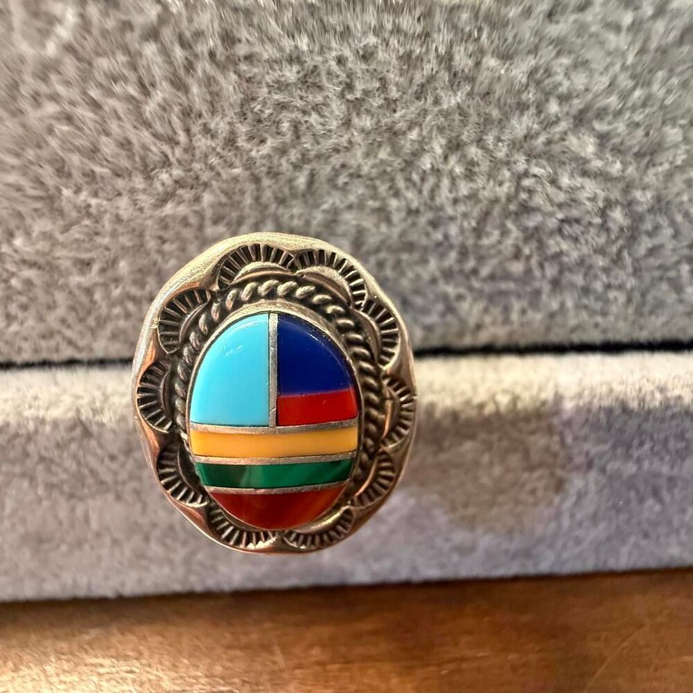 Desert Rose Trading Co. Size 8 Zuni inlay sterling silver multi-coloured ring